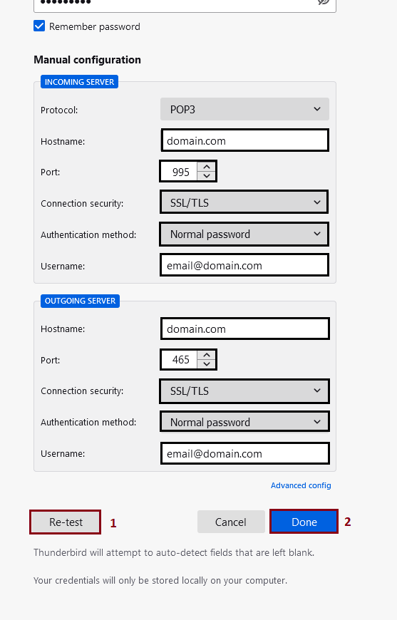 Thunderbird Screenshot Manual Configuration Re-test Done Buttons
